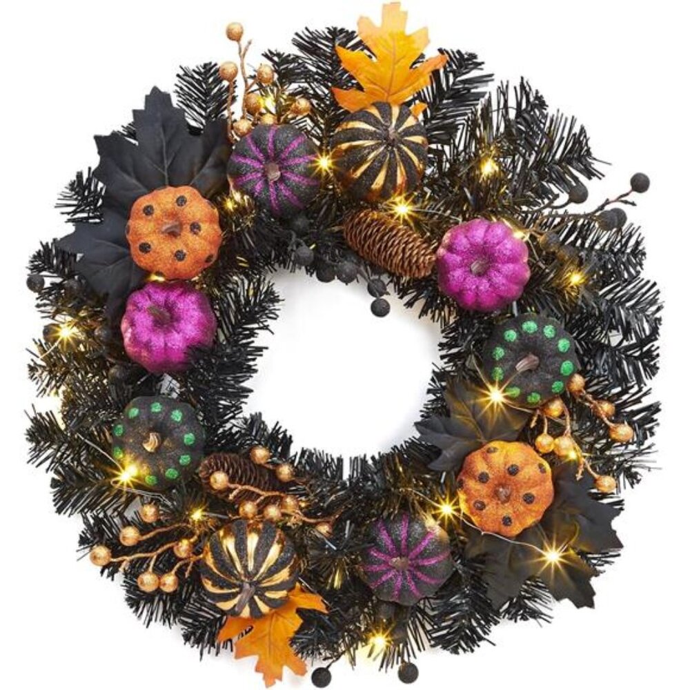 Halloween Wreath for Front Door, 20 Inch Light Up Pumpkin Wreaths with‎
